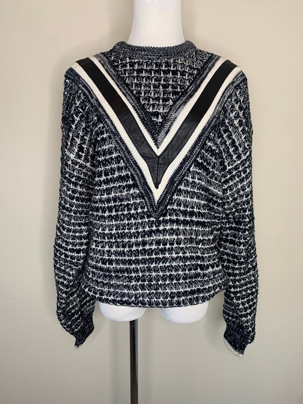 Vintage Black Cream Leather Trimmed 90s Sweater Medium